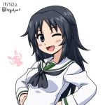  black_hair blue_eyes breasts dated girls_und_panzer goriate hands_on_hips knife medium_breasts one_eye_closed ooarai_school_uniform open_mouth school_uniform serafuku smile solo twitter_username upper_body yamagou_ayumi 