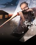  architecture crescent_moon east_asian_architecture fighting_stance floral_print grey_hair hiko_(lg612) holding holding_sword holding_weapon katana male_focus moon night night_sky old_man original petals samurai sky sword weapon wide_sleeves 