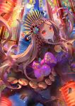  asanogawa_(tutufcc) bangs bow brown_hair brown_kimono chacha_(fate/grand_order) closed_mouth commentary fate/grand_order fate_(series) floating_hair floral_print full_moon fur_collar hair_ornament headdress highres japanese_clothes kimono lantern long_hair long_sleeves looking_at_viewer moon night night_sky paper_lantern parted_bangs print_bow print_kimono purple_bow red_eyes sky smile solo star_(sky) starry_sky tower very_long_hair wide_sleeves 