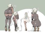  ass bent_over boots braid clothes_removed commentary_request footwear_removed from_behind hairband leotard limited_palette multiple_girls musical_note nier_(series) nier_automata operator_21o operator_6o shinya_komi short_hair silver_hair spoken_musical_note squatting standing thigh_boots thighhighs translation_request twin_braids undressing yorha_infantry_squad_commander 