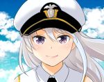  azur_lane black_neckwear check_commentary cloud cloudy_sky collared_shirt commentary commentary_request day enterprise_(azur_lane) eyebrows_visible_through_hair hat long_hair looking_at_viewer military peaked_cap purple_eyes shirt silver_hair sky sleeveless sleeveless_shirt solo tsuzuki_rie 