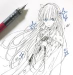  absurdres anastasia_(fate/grand_order) bangs blue_eyes cloak closed_mouth crown dress eyebrows_visible_through_hair fate/grand_order fate_(series) hair_between_eyes hair_ribbon hairband highres holding long_hair looking_at_viewer mini_crown monochrome photo ribbon royal_robe sofra solo sparkle spot_color traditional_media very_long_hair 