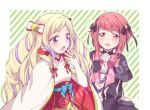  armor blonde_hair blush commentary cosplay costume_switch dress elise_(fire_emblem_if) elise_(fire_emblem_if)_(cosplay) fire_emblem fire_emblem_if hairband hiyori_(rindou66) long_hair looking_at_viewer multiple_girls open_mouth pink_hair red_eyes red_hair sakura_(fire_emblem_if) short_hair 