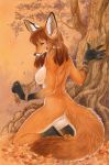  anthro blue_eyes bracelet breasts brown_hair canine claws female fox gloves_(marking) hair inner_ear_fluff jewelry kneeling leaves looking_at_viewer looking_back mammal markings necklace nekoart nipples nude outside red_fox ring socks_(marking) solo tree whiskers 