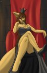  anthro aventis_vixxx big_breasts black_sclera breasts canine chair choker cleavage clothed clothing crown dress female footwear furniture high_heels mammal red_eyes shoes solo wolf 