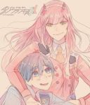  1boy 1girl black_hair blue_eyes blush couple darling_in_the_franxx eto2003 eyebrows_visible_through_hair green_eyes hair_ornament hairband hand_on_another&#039;s_chest hiro_(darling_in_the_franxx) horns long_hair looking_at_viewer military military_uniform necktie oni_horns pink_hair red_horns red_neckwear short_hair uniform white_hairband zero_two_(darling_in_the_franxx) 