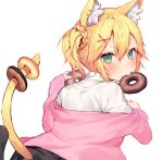  animal_ear_fluff animal_ears bangs blonde_hair blush braid cat_ears cat_tail closed_mouth commentary_request doughnut dress_shirt eyebrows_visible_through_hair fang_out food food_on_tail green_eyes hair_between_eyes hair_ornament hairclip long_sleeves looking_at_viewer looking_back mouth_hold off_shoulder original shirako_sei shirt short_hair side_ponytail simple_background solo tail tail_raised white_background white_shirt x_hair_ornament 