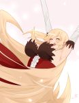  :d armpits arms_up bare_shoulders blonde_hair breasts closed_eyes commentary dress elbow_gloves fangs gloves happy kiss-shot_acerola-orion_heart-under-blade kokomi_(aniesuakkaman) large_breasts long_hair monogatari_(series) open_mouth pointy_ears red_dress smile solo strapless strapless_dress very_long_hair white_gloves 