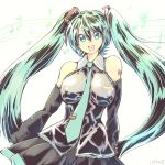  00s 1girl aqua_eyes aqua_hair breasts detached_sleeves erect_nipples hataraki_ari hatsune_miku large_breasts long_hair looking_at_viewer matching_hair/eyes musical_note open_mouth signature simple_background smile solo standing twintails vocaloid white_background 
