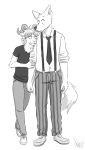  anthro canine caprine clothed clothing doopcity dress_shirt duo fully_clothed male male/male mammal monochrome pants shirt striped_pants suspenders t-shirt wolf 