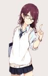  bracelet braid brown_hair collared_shirt glasses grey_background hair_tie index_finger_raised jewelry long_hair miniskirt navy_blue_skirt notebook original pleated_skirt purple_hair red_hair school_uniform shiina_kuro shirt side_braid simple_background skirt smile solo sweater_vest 