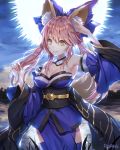  animal_ears blue_legwear blue_ribbon breasts cleavage detached_sleeves fate/grand_order fate_(series) fox_ears fox_tail hair_ribbon japanese_clothes large_breasts light_smile outdoors pink_hair ribbon roang solo tail tamamo_(fate)_(all) tamamo_no_mae_(fate) thighhighs yellow_eyes 