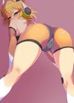  annoyed ass bare_shoulders bent_over blush bodysuit breasts brown_hair cameltoe commentary_request elbow_gloves from_behind gloves hair_between_eyes hair_ornament hairclip hands_on_own_knees headgear highres kurihara_kenshirou looking_at_viewer looking_back medium_breasts orange_eyes purple_background senki_zesshou_symphogear shiny shiny_clothes shiny_hair shiny_skin short_hair simple_background solo standing tachibana_hibiki_(symphogear) 