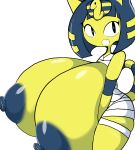  2018 animal_crossing ankha anthro areola big_breasts blue_hair blue_nipples breasts cat egyptian feline female fur hair huge_breasts hyper hyper_breasts looking_at_viewer mammal nintendo nipples open_mouth petronoise simple_background solo video_games white_background wraps yellow_fur 