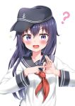  :d ? absurdres akatsuki_(kantai_collection) anchor_symbol bangs black_hat blush collarbone commentary eyebrows_visible_through_hair flat_cap hair_between_eyes hat highres kantai_collection long_hair long_sleeves looking_at_viewer neckerchief nedia_(nedia_region) open_mouth penetration_gesture purple_eyes purple_hair red_neckwear school_uniform serafuku shirt smile solo sparkle upper_body very_long_hair white_background white_shirt 