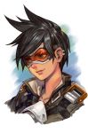  bomber_jacket brown_hair brown_jacket closed_mouth ear_piercing face goggles green_eyes hankuri harness jacket leather overwatch piercing pink_lips short_hair simple_background smile solo spiked_hair tracer_(overwatch) upper_body 