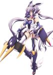  3104bnb alternate_costume breasts cleavage cleavage_cutout commentary_request elbow_gloves full_body garter_straps gloves hand_on_hip headgear highres large_breasts long_hair low_twintails navel navel_cutout open_mouth purple_eyes purple_footwear purple_hair senki_zesshou_symphogear simple_background thighhighs_under_boots twintails very_long_hair white_background white_legwear yukine_chris 