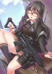  ayyh bag black_hair cartridge desk glasses gun hairband highres hk433 leg_up long_hair on_desk orange_eyes original red-framed_eyewear school_bag school_desk school_uniform sitting sitting_on_desk solo weapon 