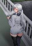  1girl ak-12_(girls_frontline) bangs blush breath coffee_cup commentary_request cup disposable_cup dress from_behind girls_frontline highres holding holding_cup long_hair long_sleeves mimyo open_mouth railing ribbed_sweater ribbon scarf sidelocks silver_hair sweater sweater_dress thighhighs 