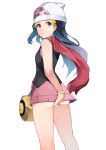  absurdres ass bad_id bad_twitter_id bag bangs bare_arms beanie blue_eyes blue_hair blush breasts covering covering_ass hat highres hikari_(pokemon) kurutsuki long_hair looking_at_viewer miniskirt parted_bangs pink_skirt pokemon pokemon_(game) pokemon_dppt red_scarf scarf simple_background skirt sleeveless small_breasts solo standing white_background 