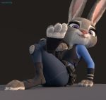  3d_(artwork) adamb/fluffy anthro blender_(software) clothed clothing crossed_legs digital_media_(artwork) disney female foot_focus fur judy_hopps lagomorph looking_at_viewer mammal multicolored_fur purple_eyes rabbit simple_background sitting solo toes zootopia 