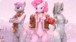  16:9 3d_(artwork) anthro anthrofied big_breasts bottomless breasts cleavage clothed clothing crossed_arms dashie116 digital_media_(artwork) earth_pony equine female friendship_is_magic group hair hair_over_eye horse looking_at_viewer mammal maud_pie_(mlp) my_little_pony nipples nude open_jacket outside pinkie_pie_(mlp) pony pussy scarf snow 