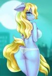  2018 anthro big_breasts blonde_hair blue_eyes blurred_background bra breasts butt clothed clothing cute dock earth_pony equine eyebrows eyelashes fan_character female floppy_ears freckles hair horse long_hair looking_at_viewer looking_back mammal moon my_little_pony panties pinktooth pony portrait rear_view side_boob sky skyscraper smile solo standing thick_thighs three-quarter_portrait underwear 