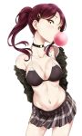  arms_behind_back bad_anatomy bare_shoulders bikini bikini_top black_bikini black_bra black_choker black_jacket black_skirt bra breasts bubble_blowing chewing_gum choker cleavage cowboy_shot hair_ornament hairclip head_tilt jacket large_breasts long_hair looking_at_viewer love_live! love_live!_sunshine!! midriff miniskirt navel o-ring o-ring_choker plaid plaid_skirt pleated_skirt ponytail red_hair sakurauchi_riko simple_background skirt standing surfing_orange swimsuit underwear white_background yellow_eyes 