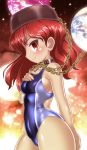  blue_swimsuit breasts chain collar competition_swimsuit cowboy_shot earth earth_(ornament) hecatia_lapislazuli moon_(ornament) one-piece_swimsuit polos_crown profile red_eyes red_hair small_breasts solo swimsuit touhou winn 