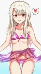 ass_visible_through_thighs bad_id bad_pixiv_id bangs bare_shoulders bikini blush breasts collarbone cowboy_shot eyebrows_visible_through_hair farys_(afopahqfw) fate/kaleid_liner_prisma_illya fate_(series) gradient gradient_background heart highres hips illyasviel_von_einzbern long_hair looking_at_viewer navel open_mouth pink_bikini pubic_tattoo red_eyes sarong sarong_lift small_breasts smile solo spoken_heart stomach_tattoo striped striped_bikini swimsuit tattoo thigh_gap thighs white_hair 