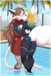  belt big_breasts blonde_hair blush breasts brown_hair brown_nose cheekfluff clothed clothing coat duo eyes_closed female fur girly hair jacket kissing latios765 long_hair male male/female pool_(disambiguation) re-sublimity-kun scarf spandex tight_clothing trenchcoat water white_fur 