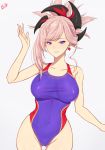  absurdres ass_visible_through_thighs band-width breasts competition_swimsuit covered_navel cowboy_shot fate/grand_order fate_(series) hair_ornament highres large_breasts looking_at_viewer miyamoto_musashi_(fate/grand_order) one-piece_swimsuit parted_lips pink_hair ponytail purple_eyes purple_swimsuit simple_background solo swimsuit white_background 