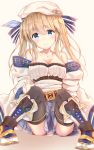  absurdres bangs bare_shoulders belt belt_buckle beret black_legwear blonde_hair blue_bow blue_eyes blue_ribbon blue_skirt blush boots bow brown_belt buckle closed_mouth collarbone commentary cucouroux_(granblue_fantasy) detached_sleeves eyebrows_visible_through_hair granblue_fantasy hair_between_eyes hair_bow hair_ribbon hat head_tilt highres long_hair long_sleeves pleated_skirt ribbon sashima shirt sitting skirt smile solo strapless striped striped_bow thighhighs twintails white_footwear white_hat white_shirt wide_sleeves 