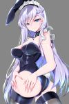  animal_ears ass azur_lane belfast_(azur_lane) black_hairband blue_eyes breasts bunny_tail bunnysuit chain cleavage collar commentary eyebrows_visible_through_hair fake_animal_ears grey_background hairband highres lavender_hair long_hair looking_at_viewer maid_headdress medium_breasts oputon simple_background solo standing tail thighhighs twisted_torso 
