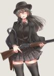  ayyh bag black_hair cigarette glasses gun hat highres holding holding_gun holding_weapon lever_action long_hair orange_eyes original round_eyewear school_bag school_uniform simple_background solo thighhighs trigger_discipline weapon 