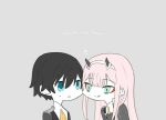  1boy 1girl black_hair blue_eyes commentary_request copyright_name couple darling_in_the_franxx face-to-face green_eyes heart hiro_(darling_in_the_franxx) horns lips long_hair looking_at_another military military_uniform necktie oni_horns pink_hair short_hair sui_0427 sweatdrop uniform wide_face zero_two_(darling_in_the_franxx) 