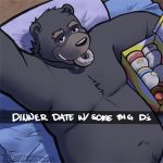  2015 anthro bear bed belly black_nose brown_eyes cheek_tuft chest_tuft doughnut english_text eyebrows food fur grey_fur head_tuft hi_res inside lazycookieburr looking_at_viewer lying male mammal neck_tuft nude overweight pillow raised_arm selfie signature smile solo teeth text thick_eyebrows tuft 