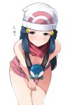  ? absurdres bare_shoulders beanie bent_over blue_eyes blue_hair blush breasts closed_mouth downblouse extended_downblouse hat highres hikari_(pokemon) kurutsuki long_hair looking_at_viewer miniskirt no_bra piplup pokemon pokemon_(creature) pokemon_(game) pokemon_dppt red_scarf scarf shirt shirt_pull simple_background skirt skirt_pull sleeveless sleeveless_shirt small_breasts solo_focus sweatdrop translated white_background 