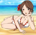  1girl beach bikini blush brown_eyes brown_hair flower_on_head head_in_hand large_breasts laying_down sawabe_tsubaki shigatsu_wa_kimi_no_uso short_hair white_bikini 