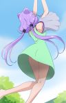  arms_up barefoot blue_sky breasts cloud day double_bun dress from_behind green_dress haruyama_kazunori hugtto!_precure legs long_hair low_twintails outdoors precure ruru_amour sideboob sky solo twintails 