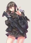  armband ayyh bag black_hair braid glasses gloves gun highres hk433 holding holding_gun holding_weapon id_card orange_eyes original school_bag school_uniform simple_background solo trigger_discipline v weapon 