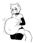  belly big_belly blush cakehoarder cat_ears_(disambiguation) clothing collar hand_on_stomach humanoid legwear male slightly_chubby stuffing sweat sweatdrop thigh_highs 