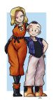  1girl android_18 android_18_(cosplay) arm_around_waist black_gloves blonde_hair blue_background blue_eyes boots border cosplay costume_switch denim_vest dougi dragon_ball dragon_ball_z gloves hair_bobbles hair_ornament hand_on_another's_head hand_on_own_chest highres ian_samson karate_gi kuririn kuririn_(cosplay) no_nose outside_border pants short_hair smile white_border 