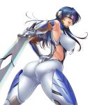  1girl ass blue_hair bodysuit breasts covered_eyes curvy erect_nipples femake katana large_breasts lilith-soft long_hair looking_back partially_visible_vulva shika_asatsuki shiny simple_background smile sword taimanin_(series) taimanin_asagi taimanin_asagi_battle_arena weapon white_background zol 