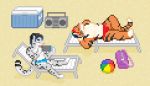  anthro bag ball beach beach_ball beach_chair clothed clothing cooler digital_media_(artwork) duo eyes_closed feline lying mammal nintendo nintendo_switch outside pantherine partially_clothed pixel_(artwork) radio sand seaside sitting snow_leopard sunbathing swimsuit switch tiger video_games 