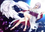  adapted_costume alternate_costume bare_legs black_(blackfallsensei) feathered_wings flying full_body hand_over_face japanese_clothes kimono kishin_sagume legs looking_at_viewer moon night night_sky obi open_mouth red_eyes sandals sash short_hair silver_hair single_wing sky solo star_(sky) starry_sky touhou white_kimono white_wing wings 