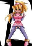  1girl ahegao bangs black_legwear blonde_hair bodystocking breasts ciel drooling eyebrows_visible_through_hair full_body gloves hair_between_eyes headgear high_heels high_ponytail holding large_breasts long_hair looking_at_viewer open_mouth pantyhose pink_footwear ponytail rockman rockman_zero saliva semikichi shoes skirt solo standing teeth tongue tongue_out torn_clothes torn_pantyhose vibrator_on_nipple vibrator_under_clothes 