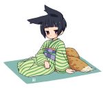  1girl black_hair female fox_tail japanese_clothes kikuri_(mawaru) kimono mawaru_(mawaru) multiple_tails obi original solo tail 