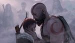  3boys artist_name atreus bald beard bodypaint bow_(weapon) breasts closed_eyes closed_mouth commentary facial_hair father_and_son freya god_of_war hand_on_another's_neck kratos multicolored multicolored_clothes multiple_boys multiple_girls muscle mustache quiver short_hair spoilers weapon wlop zeus 