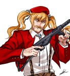  bangs beret blonde_hair buttons closed_mouth collared_shirt commentary facial_hair gem genderswap genderswap_(ftm) girls_frontline gun hair_between_eyes hair_ribbon hat holding holding_gun holding_weapon jacket kws long_hair looking_at_viewer manly mustache open_clothes open_jacket red_hat red_jacket ribbon shirt signature simple_background skirt solo sten_gun sten_mk2_(girls_frontline) submachine_gun suspender_skirt suspenders trigger_discipline twintails upper_body weapon white_background 